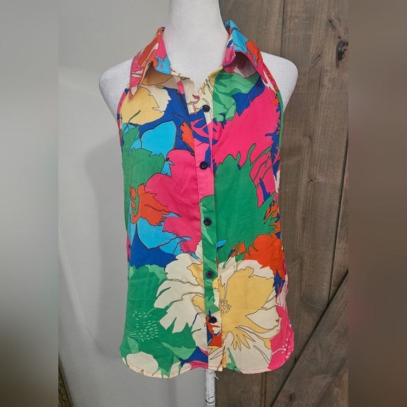 CUPSHE Tropical Collared Button-Up Tank In Bright Shades Pink/blue Multi. S NWT - Picture 6 of 11